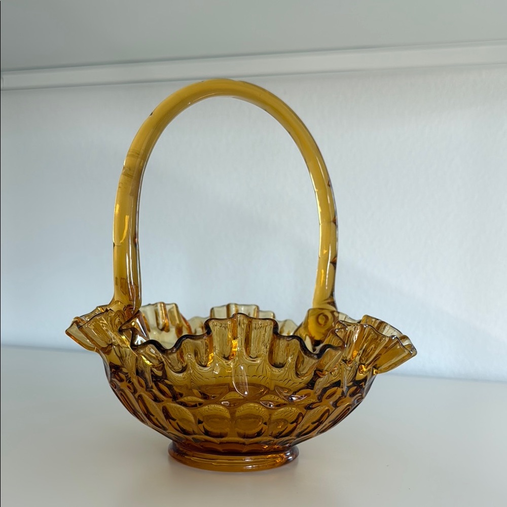 Vintage Fenton Art Glass Colonial Amber Ruffle Edge Basket